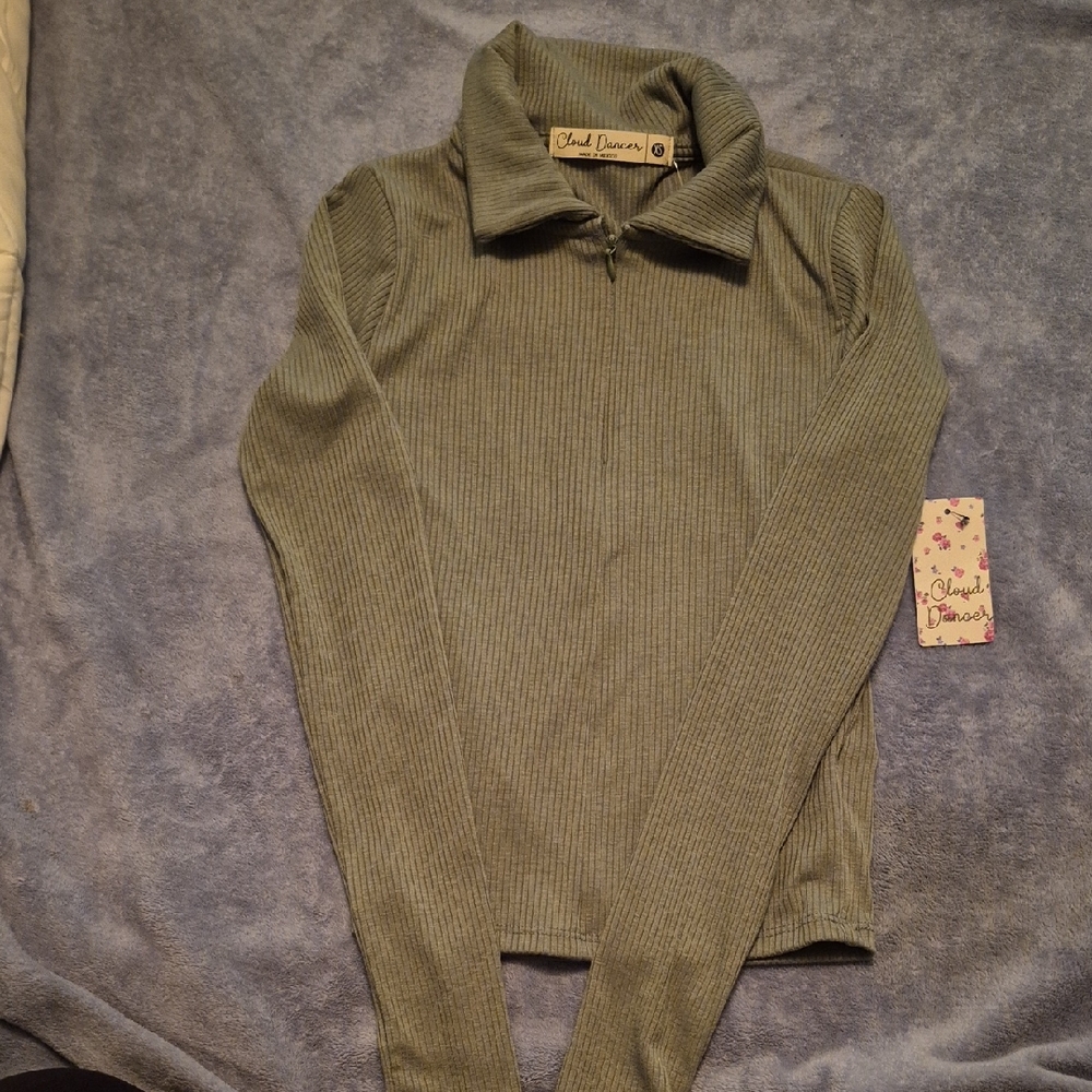 Cloud Dancer Olive Ribbed Long Sleeve Zip Mock Neck Top Brand New With Tags